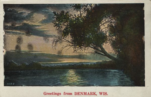View of a sunset over a lake with trees along the shoreline. Caption reads: "Greetings from Denmark, Wis."