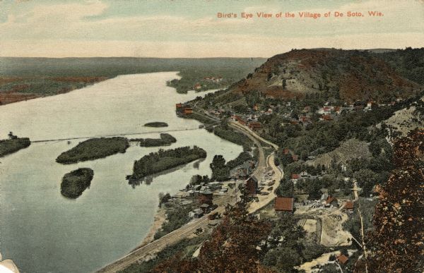 Color enhanced aerial view of the village of DeSoto, looking north along the Mississippi River. Caption reads: "Bird's Eye View of the Village of De Soto, Wis."