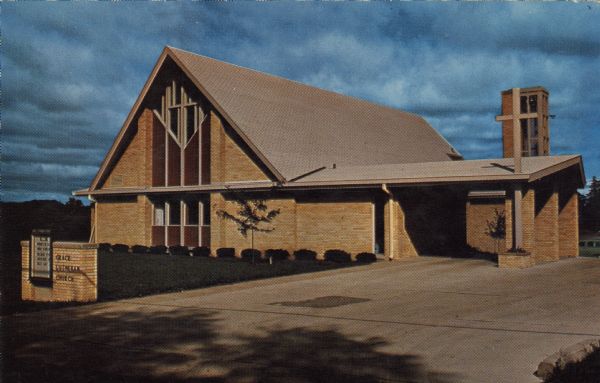 Exterior view of Grace Lutheran Church. Dedicated in 1959. Located at 1105 N. Bequette Street, near STH 23, on the north end of Dodgeville.