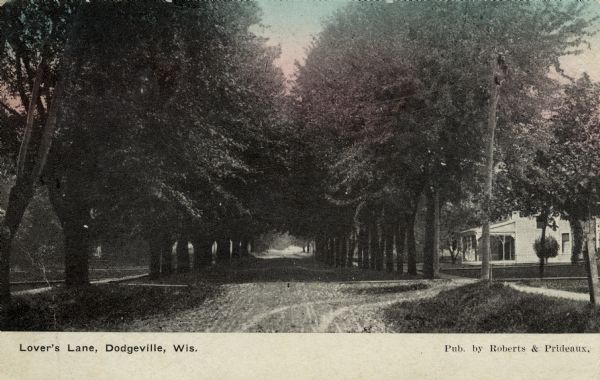 Lover's Lane in Dodgeville, WI showing tree lined dirt street with a single house on the right side of the street. Located on south end of Dodgeville between STH 23 and CTH B. Caption reads: "Lover's Lane, Dodgeville, Wis."