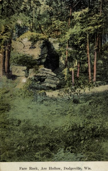 Color enhanced postcard showing rock outcropping and vegetation. Possibly located in Governor Dodge State Park, State Highway 23, North of Dodgeville. Caption reads: "Face Rock, Arc Hollow, Dodgeville, Wis."