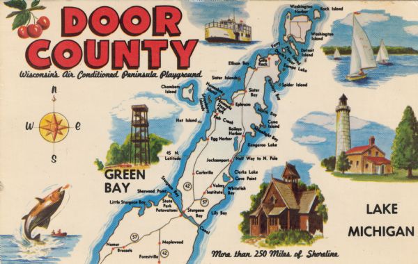 A colored map depiction of Door County, Wisconsin, with pictorial highlights, titled: "Door County — Wisconsin's Air Conditioned Peninsula Playground."