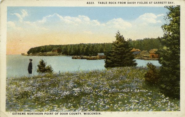 Colored postcard view near the extreme northern point of Door County. There is a man standing on the left in a field of flowers looking at the bay. Fishing shacks are along the shoreline in the distance. Caption at top reads: "Table Rock from Daisy Fields at Garrett Bay." Caption at bottom reads: " extreme northern point of Door County, Wisconsin."