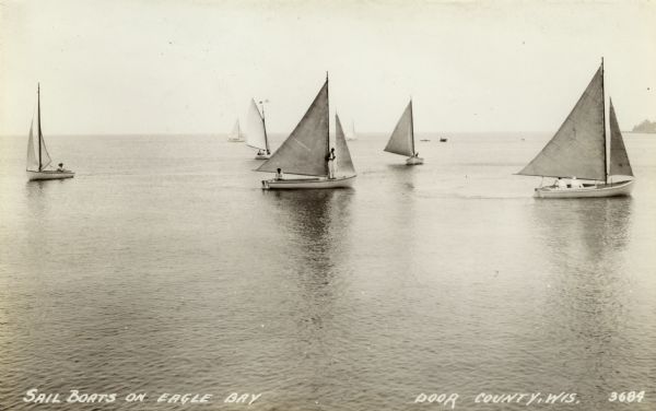 Elevated view across water towards small sailboats with two-man crews in Lake Michigan. A tree-lined shoreline is on the far right.