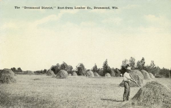 Photographic postcard view of an open hay field with stacks of hay. The farmer in the right foreground is working on a haystack. Caption reads: "The 'Drummond District,' Rust-Owen Lumber Co., Drummond, Wis." Text on back reads: "The abundance of hay and grasses make the Drummond District an ideal dairy, stock and diversified farm section. Rust-Owen Lumber Co., Land Department, Drummond, Wisconsin."