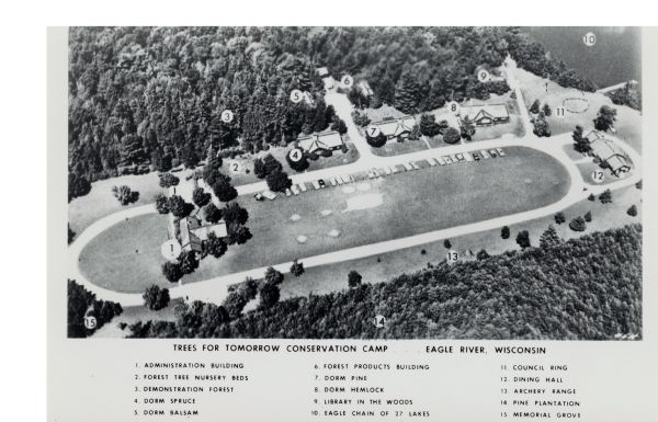 Aerial view of the camp, including a numbered index of the buildings. Used as an application form for a forestry workshop. Founded in 1944, located at 519 Sheridan Street East.