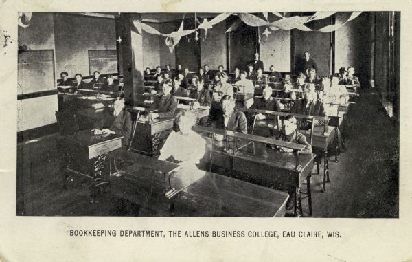 Interior of room in the Bookkeeping Dept. of The Allens Business College, with students sitting at desks. Caption reads: "Bookkeeping Department, The Allens Business College, Eau Claire, Wis."