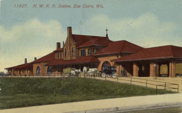 Color illustration of the Northwestern railroad station. A horse-drawn carriage is in front of the station. Caption reads: "N. W. R. R. Station, Eau Claire, Wis."