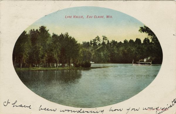 Color photograph of Lake Hallie, with a steamship on the water.