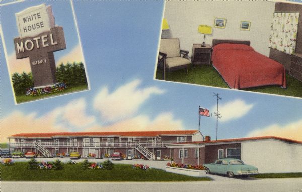 Colorized postcard view of Walker's White House Motel on Highway 53 — Washington Heights. Next to the White House Inn. 16 ultra modern large guest rooms. Open all year — television.