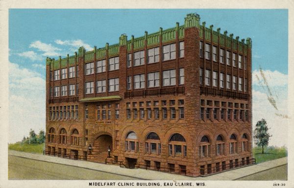 Colorized postcard view of a four-story, red stone building, with arched windows and steps leading to the entrance. Caption reads: "Midelfart Clinic Building, Eau Claire, Wis."