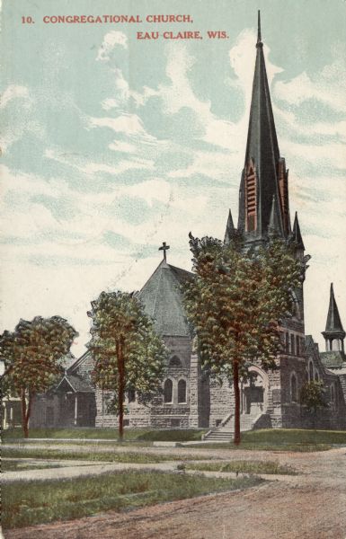 Colorized postcard view of the Congregational Church, a stone building, with a bell tower and steeple above the entrance. Caption reads: "Congregational Church, Eau Claire, Wis."