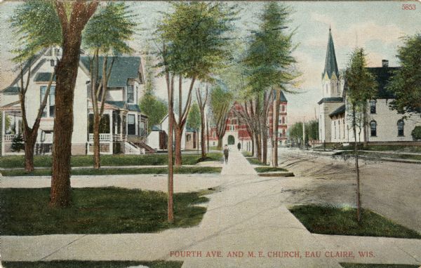 View of Fourth Avenue with the M.E Church on the far right. The high school is at the end of the street. Caption reads: "Fourth Ave. And M.E. Church, Eau Claire, Wis."