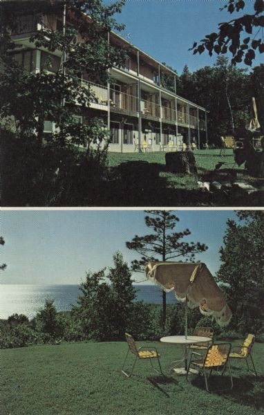 Two views of Egg Harbor Lodge — with the view of the lodge, and of Green Bay.