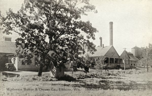 View across field towards a cheese factory and a water tower. Caption reads: "Wisconsin Butter & Cheese Co., Elkhorn, Wis."