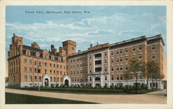 Hand-colored view of the front of the Marianum Convent. Caption reads: "Front View, Marianum, Elm Grove, Wis."