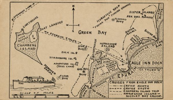 Drawing of a map showing the cruise routes from Eagle Inn Dock and the points of interest. There is a schedule and rates on the reverse.