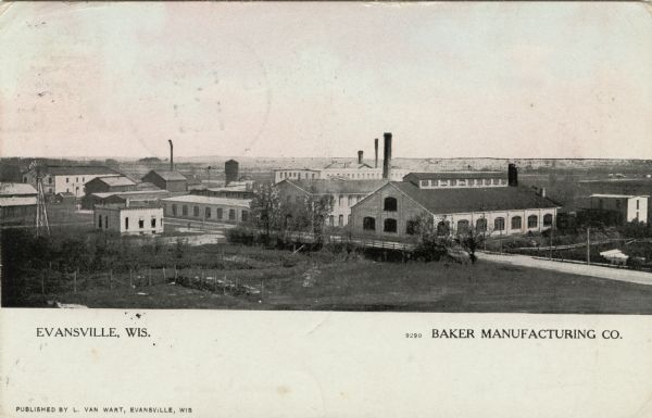 Slightly elevated view of the Baker Manufacturing Plant. Caption reads: "Evansville, Wis. Baker Manufacturing Co."