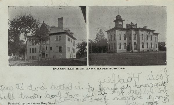 Two views of the Evansville high and graded schools. Caption reads: "Evansville High and Graded Schools.