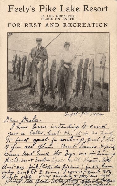 Postcard with the title: "Feely's Pike Lake Resort is the greatest place on earth for rest and relaxation." There is a photographic view of a man and woman standing with a stringer full of freshly caught fish.
