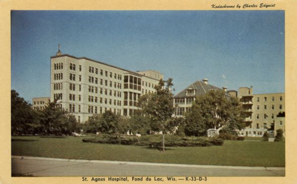 Kodachrome reproduction of St. Agnes Hospital. Caption reads: "St. Agnes Hospital, Fond du Lac, Wis."