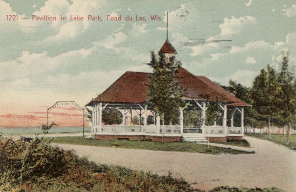 Hand-colored view of the Lake Park Pavillion at Lake Winnebago. Caption reads: "Pavillion[sic] in Lake Park, Fond du Lac, Wis."