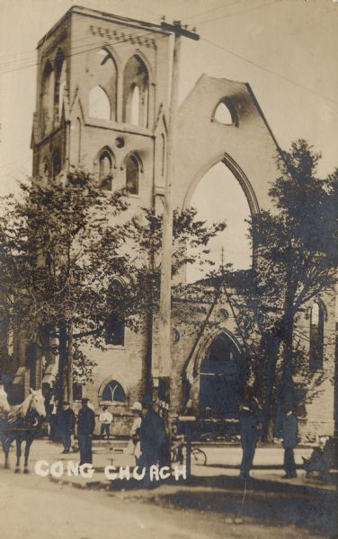 The Congregational Church after it was destroyed by fire in 1908. Caption reads: "Cong. Church."