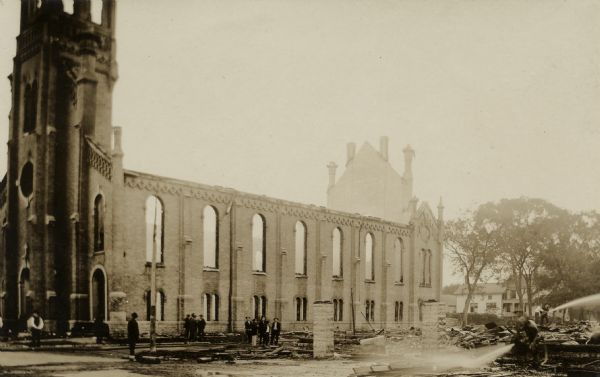 Gutted remains of St. Joseph's Church in the aftermath of the fire of September 26, 1908.