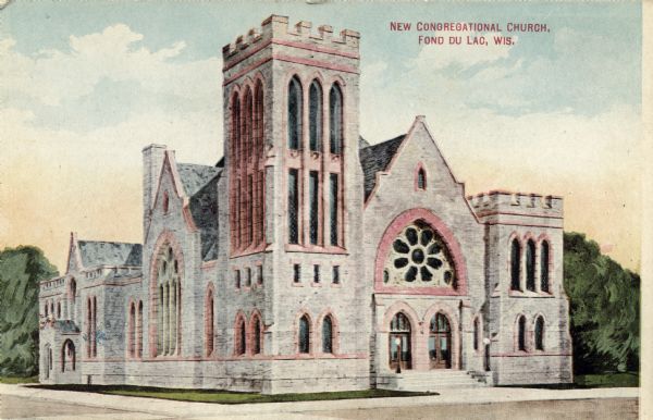 Color illustration of the new Congregational Church that replaced the one destroyed by fire. Caption reads: "New Congregational Church, Fond du Lac, Wis."