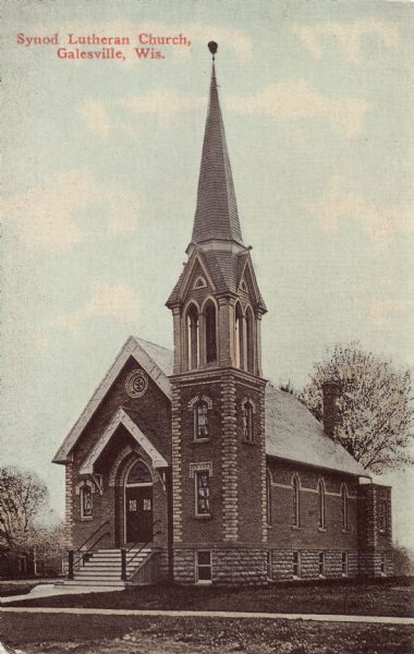 Hand-colored postcard of the exterior of the Synod Lutheran Church.