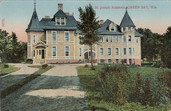 Colorized view of St. Joseph Academy, a Catholic High School. Caption reads: "St. Joseph Academy, Green Bay, Wis."