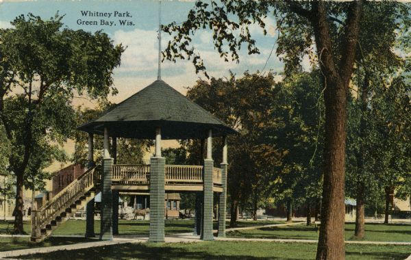 View of the pavilion at Whitney Park. Caption reads: "Whitney Park, Green Bay, Wis."