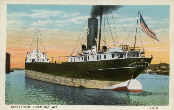 The "John A Donaldson" steamer in Green Bay Harbor. Caption reads: "Harbor View, Green Bay, Wis."