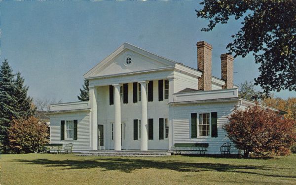 Color postcard of Cotton House, a museum. An example of Jeffersonian architecture.