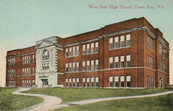 Colorized postcard view of the West Side High School, a three-story red brick building. Caption reads: "West Side High School, Green Bay, Wis."