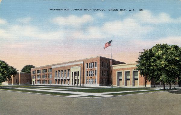Colorized postcard view from intersection towards the junior high school. Caption reads: "Washington Junior High School, Green Bay, Wis."
