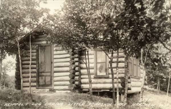 View of a log cabin on a slope, surrounded by young trees. Caption reads: "Klippel's Log Cabin, Little Bearskin Lake, Harshaw, Wis."