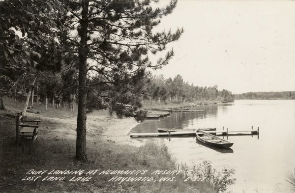 View along shoreline towards a bench near a tree on the left, and rowboats tied to a dock on the right. Further down the shoreline are a row of rowboats pulled up on the beach.