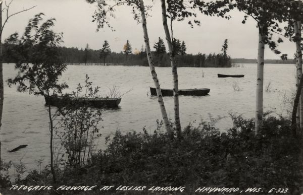 View of the flowage of the Totogatic, a designated wild river. Three rowboats are anchored just off shore.