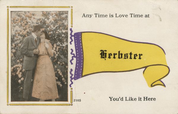 Postcard with a hand-colored inset of a couple kissing in front of a rose bush. 
Text reads:
"Any Time is Love Time at"
A yellow banner  "Herbster"
"You'd Like it Here"