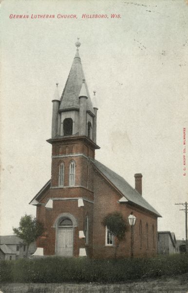 Exterior view of the German Lutheran Church. Caption reads: "German Lutheran Church, Hillsboro, Wis."