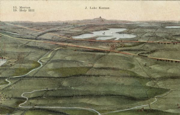 Watercolor reproduction, with key, of the area surrounding Holy Hill (19.) which is at top center, and below are Lake Keesus (J.) and the town of Merton (13.). C. & N.W. and C.M. & St. P. railways are cutting across the landscape in the area in front of the lake.