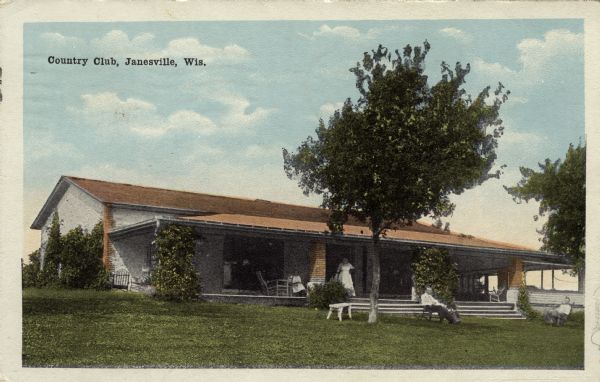 Colored postcard view of the country club. Women are on the porch, and men are in rocking chairs on the lawn. Caption reads: "Country Club, Janesville, Wis."