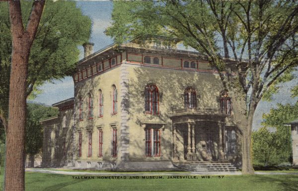 View across lawn toward the house. Caption reads: "Tallmen Homestead and Museum, Janesville, Wis."