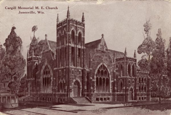 View of a stone Gothic-style church. A streetcar is on the left. Caption reads: "Cargill Memorial M.E. Church, Janesville, Wis."