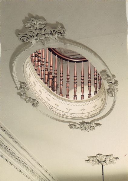 Detail of an elliptical opening in the ceiling of the main hall. It served a functional purpose in heating and cooling.