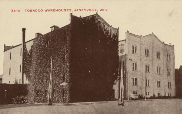 Exterior view of two tobacco warehouses. One of the buildings is almost completely ivy-covered. Caption reads: "Tobacco Warehouses, Janesville, Wis."