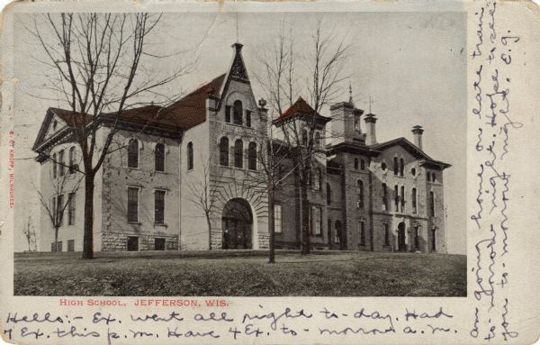 View of the high school. Caption reads: "High School, Jefferson, Wis."