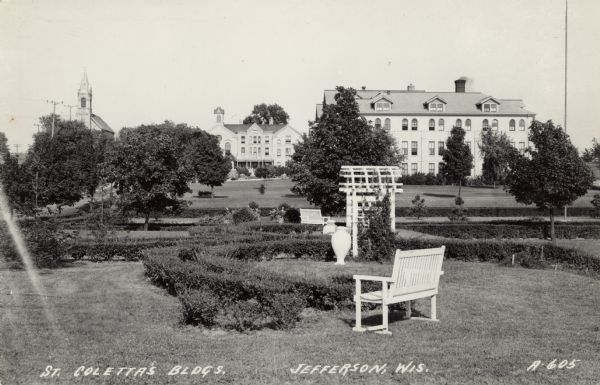 View of the campus at St. Coletta's, a home and school for developmentally disabled people. Caption reads: "St. Coletta's Bldgs., Jefferson, Wis."