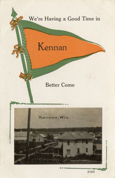An illustration of a pennant, and a photograph of the town.